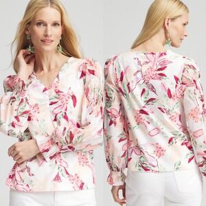 Chicos Pima Cotton Floral Smocked Long Sleeve Tee Size 2 Large Ecru Pink NWT